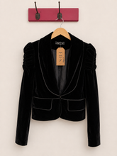 Cargar imagen en el visor de la galería, Chaqueta blazer de terciopelo negro mujer manga repollo frontal