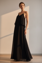 Cargar imagen en el visor de la galería, Vestido largo negro de gasa con forro mujer talla única elegante fiesta
