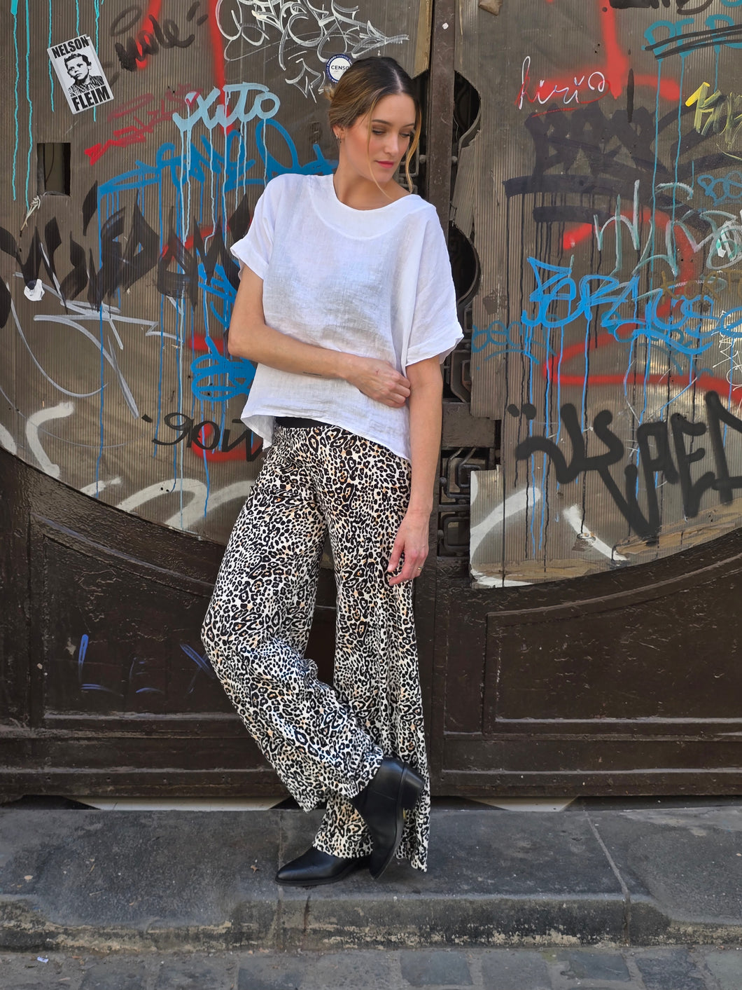 PANTALON ALGODON ANIMAL PRINT BLANCO