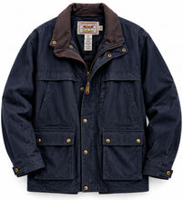 Cargar imagen en el visor de la galería, Chaqueta outdoor vintage azul marino Cabela's con cuello café y múltiples bolsillos vista frontal
